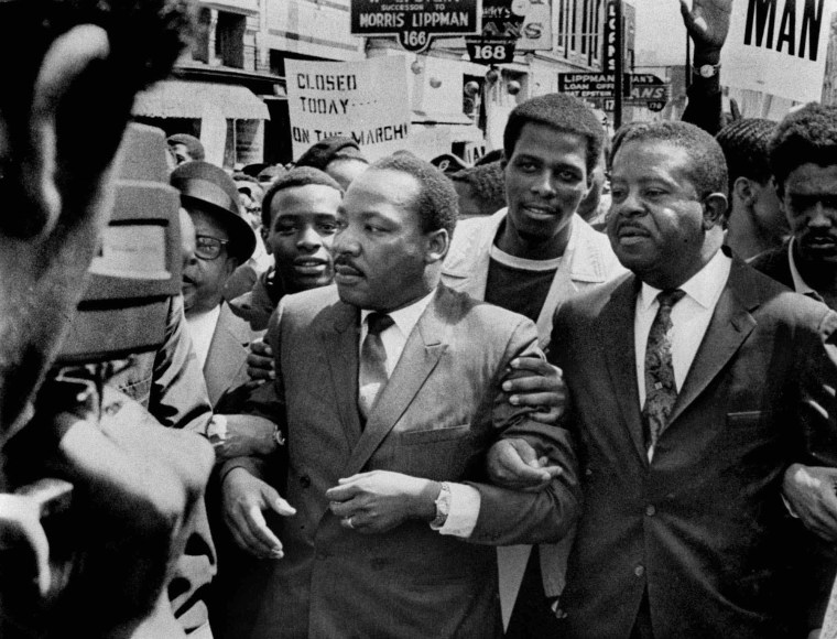 FILE -In this March 28, 1968 file photo, Dr. Martin Luther King Jr. and Rev. Ralph Abernathy, right, lead a march on behalf of striking Memphis, Tenn., sanitation workers. Forty-five years after Martin Luther King Jr. was killed supporting a historic...