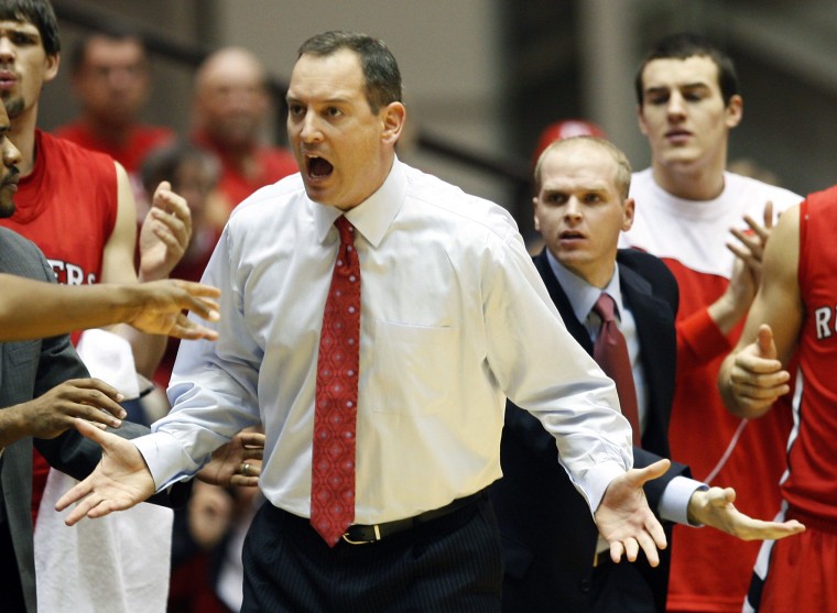 Rutgers head coach Mike Rice reacts to play during an NCCA college basketball game against Princeton Friday, Nov. 12, 2010, in Princeton , N.J. Princeton won 78-73. (AP Photo/Mel Evans)