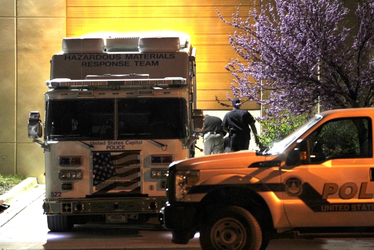 A U.S. Capitol Police hazmat vehicle is parked at a mail processing facility for Congressional mail in Prince George's County where a letter addressed to Sen. Roger Wicker, R-Miss., tested positive for ricin, Tuesday, April 16, 2013, in Hyattsville, Md...