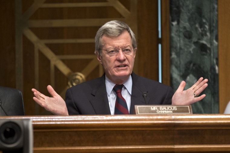Senate Finance Committee Chairman Sen. Max Baucus, D-Mont. questions Health and Human Services Secretary Kathleen Sebelius as she testifies on Capitol Hill in Washington, Wednesday, April 17, 2013, before the committee's hearing on President Barack...