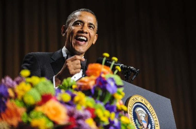 WASHINGTON, DC - APRIL 27:  U.S. President Barack Obama tells jokes poking fun at himself as well as others during the White House Correspondents' Association Dinner on April 27, 2013 in Washington, DC. The dinner is an annual event attended by...