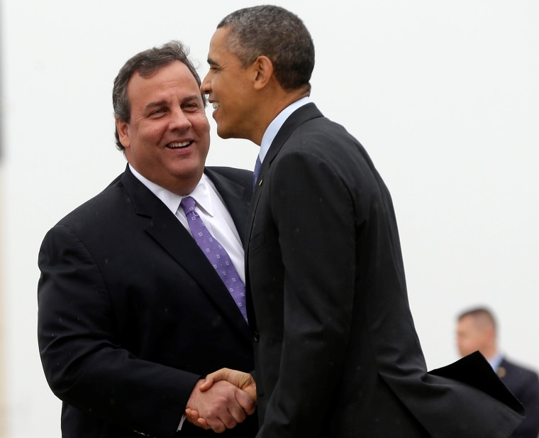 New Jersey Gov. Chris Christie greets President Barack Obama upon his arrival at McGuire Air Force Base, N.J., May 28, 2013. Obama toured the Jersey Shore’s recovery efforts from Hurricane Sandy. (AP Photo/Pablo Martinez Monsivais)