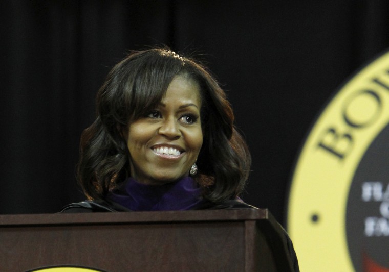 First lady Michelle Obama speaks at the commencement ceremony for Bowie State University at the University of Maryland in College Park, Md., Friday, May 17, 2013. (AP Photo/Ann Heisenfelt)
