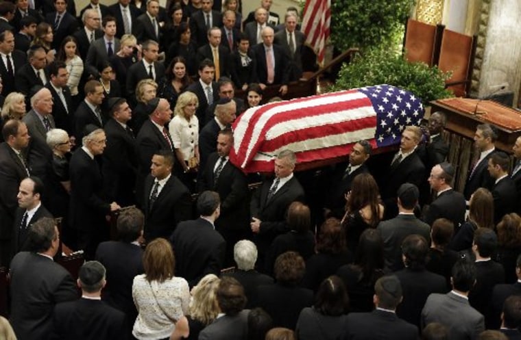 The casket of U.S. Sen. Frank Lautenberg is carried from New York's Park Avenue Synagogue after his funeral service,  Wednesday, June 5, 2013. (Photo by: Richard Drew/AP Photo, Pool)