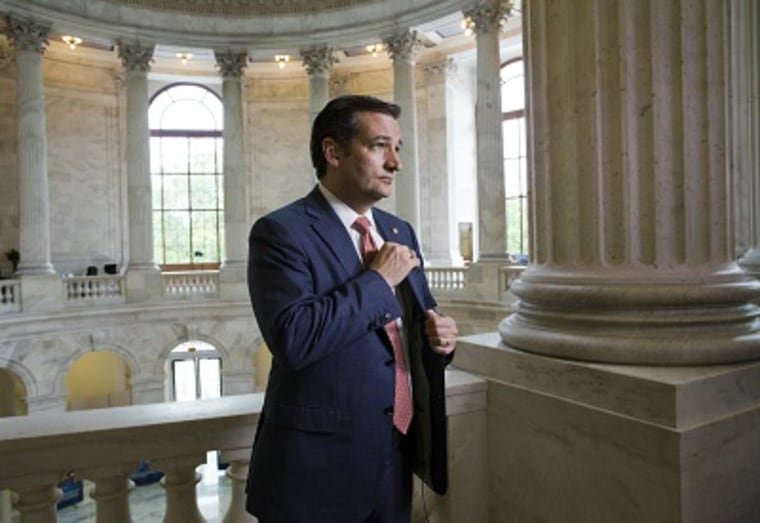 Sen. Ted Cruz stands for a TV news interview on Capitol Hill, Monday, May 6, 2013.  (Photo/J. Scott Applewhite/AP)