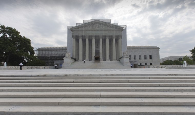 In anticipation of decisions on high profile and emotionally charged cases, the Supreme Court has implemented new rules barring protests and demonstrations on the grand plaza, as seen  in Washington, Monday, June 17, 2013. (AP Photo/J. Scott Applewhite)