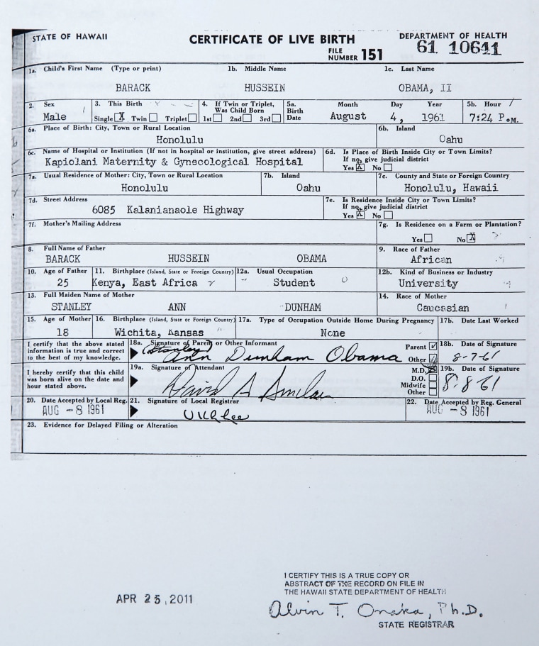 This handout image provided by the White House shows a copy of the long form of President Barack Obama's birth certificate from Hawaii. (Photo by J. Scott Applewhite/AP)