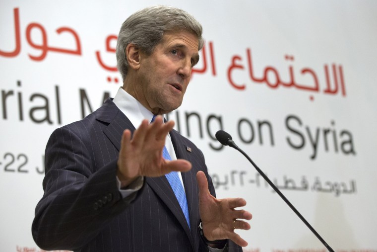 U.S. Secretary of State John Kerry speaks about Syria at a news conference in Doha, on June 22, 2013. Kerry began an overseas trip plunging into two thorny foreign policy problems facing the Obama administration: unrelenting bloodshed in Syria and...