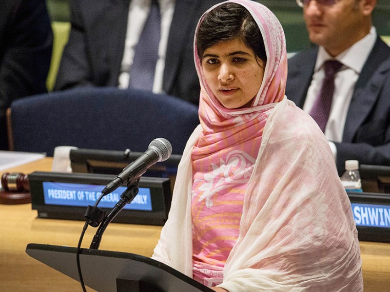 Malala Yousafzai, the 16-year-old Pakistani advocate for girls' education who was shot in the head by the Taliban, speaks at the United Nations (UN) Youth Assembly on July 12, 2013, in New York City. The United Nations declared July 12, \"Malala Day.\" ...