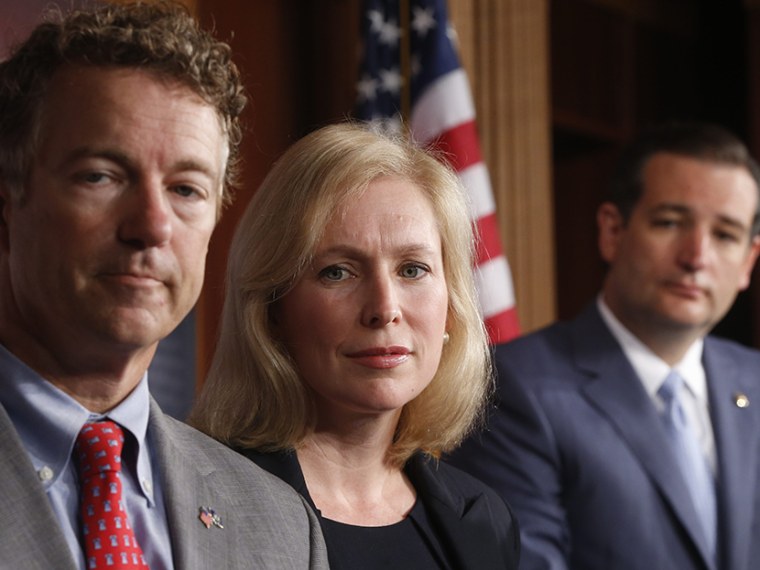 Sen. Kirsten Gillibrand, D-N.Y., Sen. Rand Paul, R-Ky., and Sen. Ted Cruz, R-Texas speak to reporters during a news conference about a bill regarding military sexual assault cases on Capitol Hill, Tuesday, July 16, 2013. (Photo by Charles Dharapak/AP)