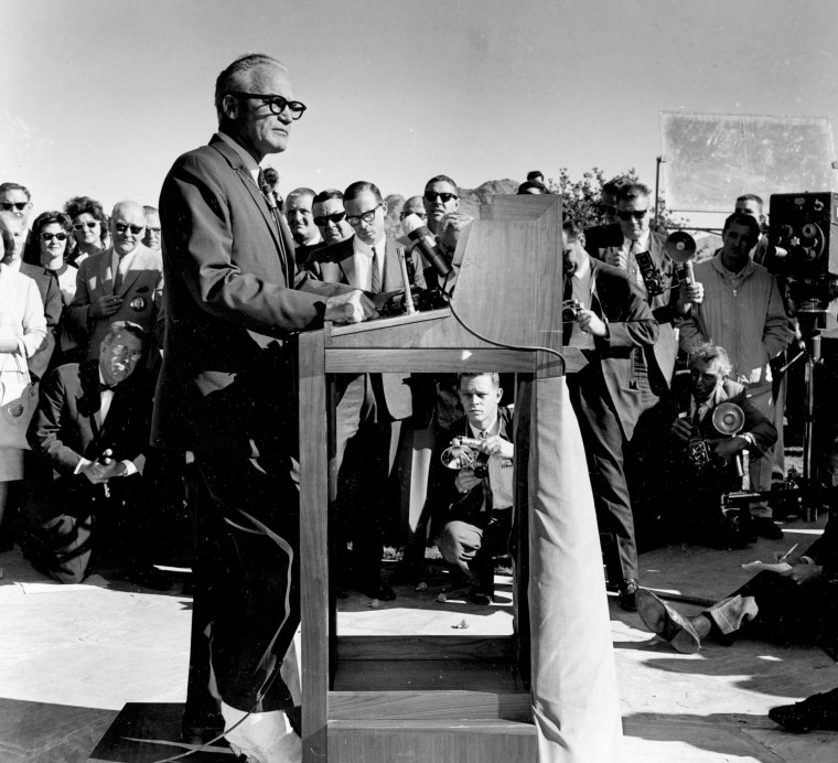 Arizona Republican Sen. Barry M. Goldwater announces his candidacy for the U.S. presidency in Phoenix, Ariz., Jan. 3, 1964.  The senator is wearing a cast on his right foot.  (AP Photo)