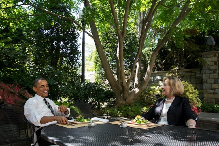 President Barack Obama has lunch with former Secretary of State Hillary Rodham Clinton on the patio outside the Oval Office, July 29, 2013. (Official White House Photo by Chuck Kennedy)...