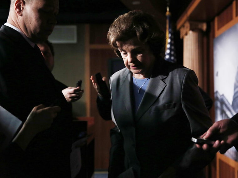 Chairman the U.S. Senate Select Committee on Intelligence Sen. Dianne Feinstein (D-CA) answers questions from members of the media June 6, 2013 on Capitol Hill in Washington, DC. Feinstein and Chambliss spoke on the millions of Verizon customers phone...