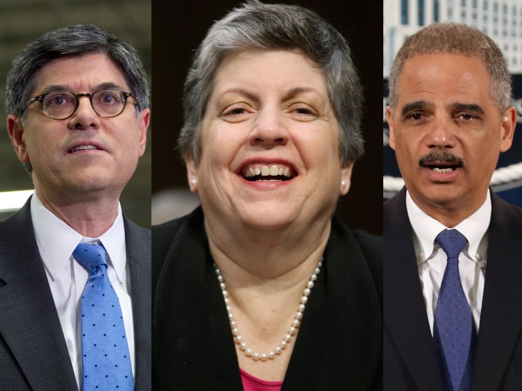 This combination shows: (L-R) Treasury Secretary Jacob Lew (Photo by Jessica McGowan/Getty Images) Homeland Security Janet Napolitano  (Photo by Chip Somodevilla/Getty Images)  U.S. Attorney General Eric Holder (Photo by Chip Somodevilla/Getty Images)...
