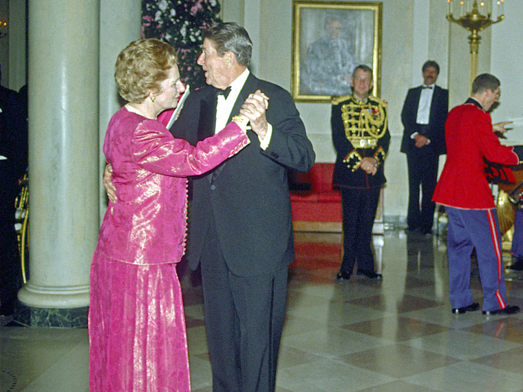United States President Ronald Reagan, Prime Minister Margaret Thatcher, share a dance during Dinner held in Margaret Thatcher's honour, White House, Washington DC, America - 16 Nov 1988. (Photo by Rex Features via AP Images, File)