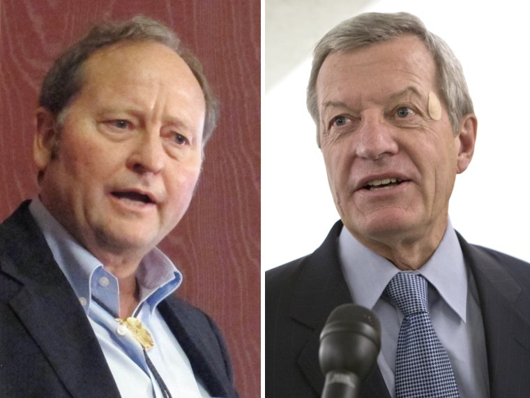 This digital composite shows (L-R) Gov. Brian Schweitzer is seen on Thursday, May 3, 2012 in Helena, Mont. (Photo by Matt Gouras/AP Photo, File) Senate Finance Committee Chairman Max Baucus, D-Mont., speaks with reporters on Capitol Hill in Washington,...