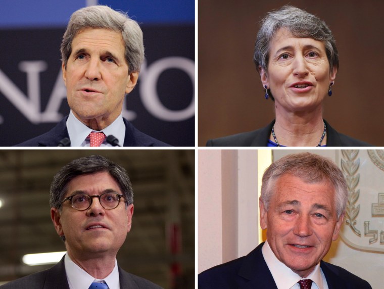 This digital composite shows photos: (Top, L) US Secretary of State John Kerry at the NATO Headquarters in Brussels on April 23, 2013. (Photo by John Thys/AFP/Getty Images); (Top, R) Sally Jewell before testifying to the Senate Energy and Natural...