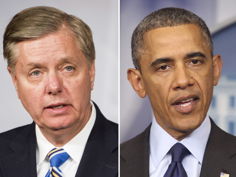 This digital composite shows (L-R)  Sen. Lindsey Graham, R-S.C., as he holds a news conference on Monday, April 22, 2013, to discuss the Boston bombing suspect not being treated as an enemy combatant. (Photo By Bill Clark/CQ Roll Call) US President...