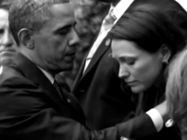 Screengrab (cropped slightly) from an RNC ad, showing President Obama hugging a bereaved mother from Sandy Hook. Editors Note: Image has been cropped. (Credit: Republican National Committee.)