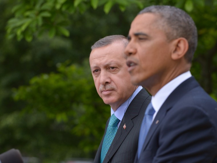 US President Barack Obama and Turkish Prime Minister Recep Tayyip Erdogan conduct a joint press conference in the Rose Garden of the White House on May 16, 2013 in Washington, DC. (Photo by Mandel Ngan/AFP/Getty Images)