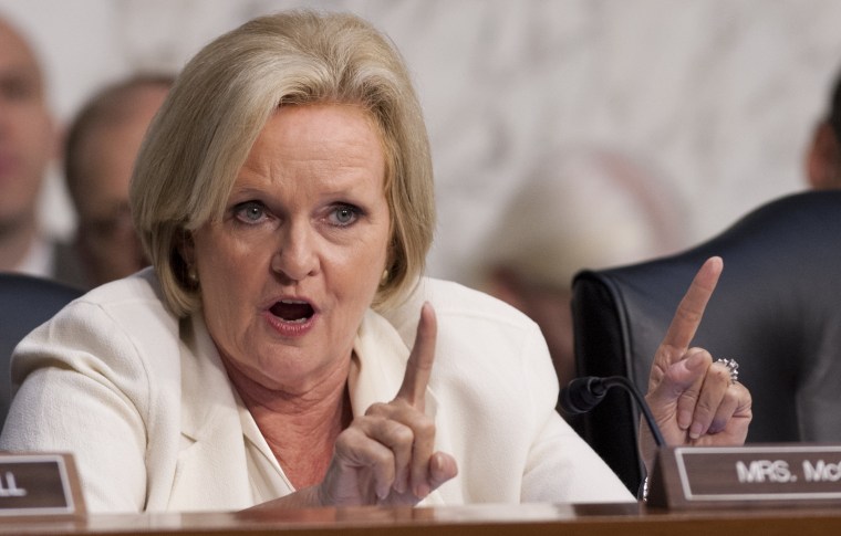 Missouri Democrat Senator Claire McCaskill questions a panel of the Joint Chiefs of Staff and their legal counsels as they testify regarding sexual assaults in the military during a Senate Armed Services Committee hearing on Capitol Hill  AFP PHOTO /...