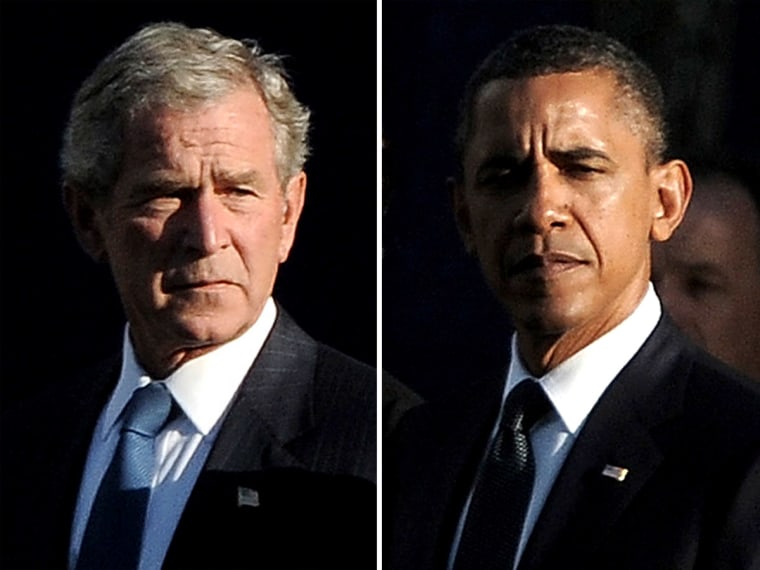 This split image composite shows images of U.S. President Barack Obama (R), and former President George W. Bush (L) as they attend the 9/11 Memorial during the tenth anniversary ceremonies of the September 11, 2001 terrorist attacks at the World Trade...