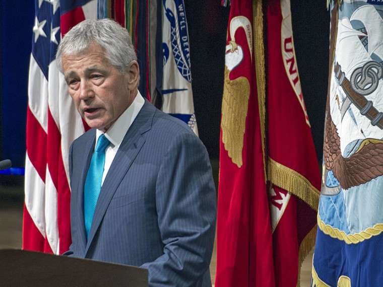US Secretary of Defense Chuck Hagel delivers remarks during the 2013 Lesbian Gay Bisexual Transgender Pride Month Ceremony at the Pentagon Auditorium June 25, 2013 in Washington, DC. (Photo by Paul J. Richards/AFP/Getty Images)