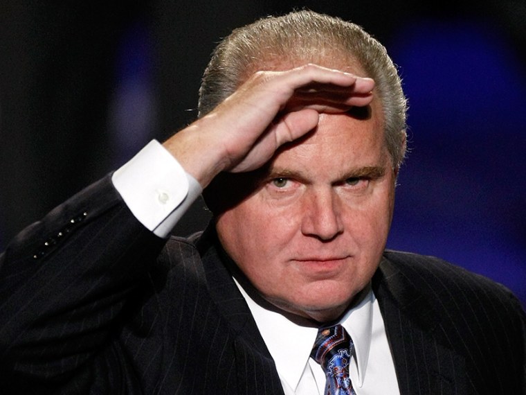 Radio talk show host and conservative commentator Rush Limbaugh salutes as he is introduced as a judge before a preliminary competition for the 2010 Miss America Pageant at the Planet Hollywood Resort &amp; Casino January 27, 2010 in Las Vegas, Nevada....