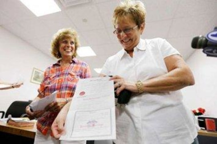Ellen Toplin and Charlene Kurland in July, after receiving their marriage license.