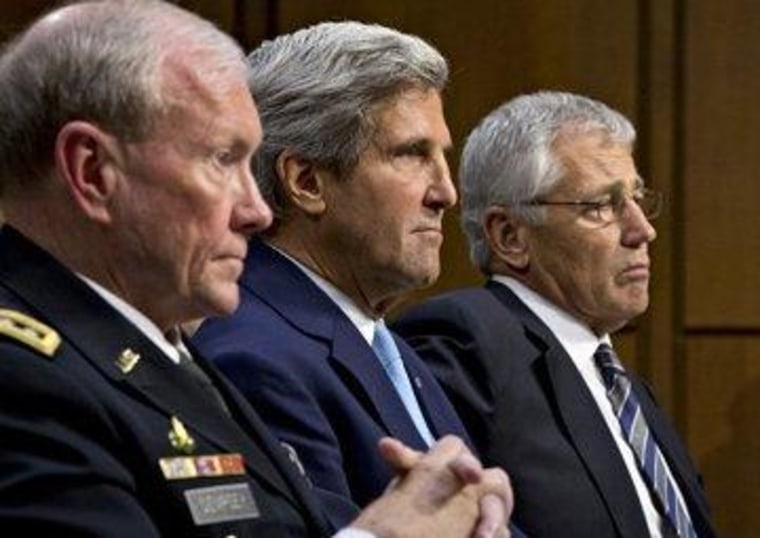 Joint Chiefs Chairman Gen. Martin Dempsey, Secretary of State John Kerry, and Defense Secretary Chuck Hagel, appear before the Senate Foreign Relations Committee.