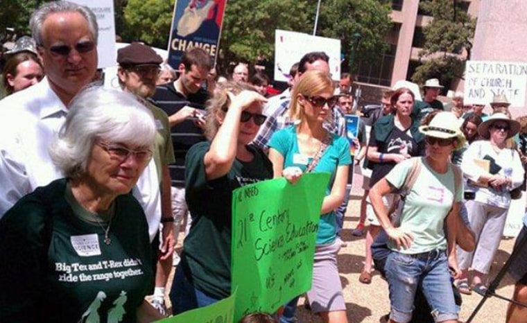 Pro-science activists rally before a Texas Board of Education hearing yesterday.