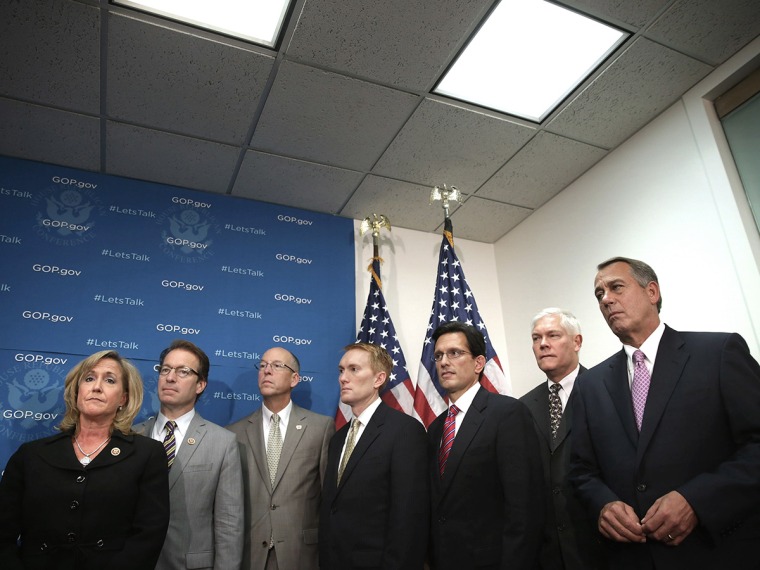 (L-R) Rep. Ann Wagner (R-MO), Rep. Peter Roskam (R-IL), Rep. Greg Walden (R-OR), Rep. James Lankford (R-OK), House Majority Leader Eric Cantor (R-VA) and Speaker of the House John Boehner (R-OH) hold a news conference after a House Republican caucus meeti