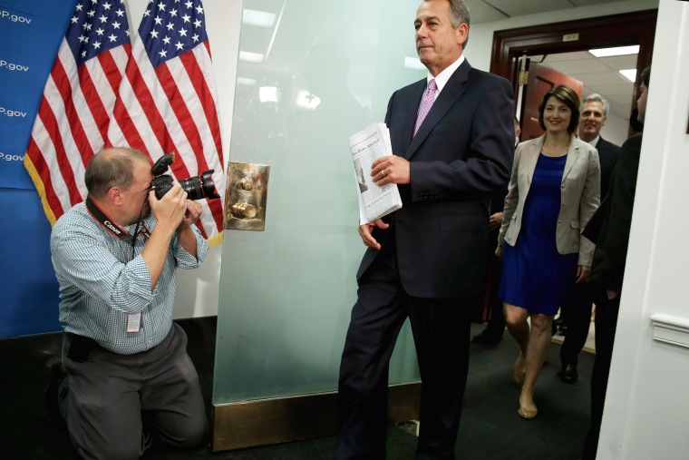 Speaker of the House John Boehner arrives for a news conference with Rep. Cathy McMorris Rodgers and House Majority Whip Kevin McCarthy after a House Republican caucus meeting at the U.S. Capitol October 4, 2013 in Washington, DC.