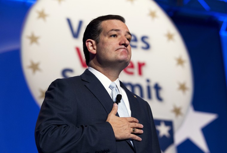 Sen. Ted Cruz pauses while speaking at the Values Voter Summit, held by the Family Research Council Action, Friday, Oct. 11, 2013, in Washington.