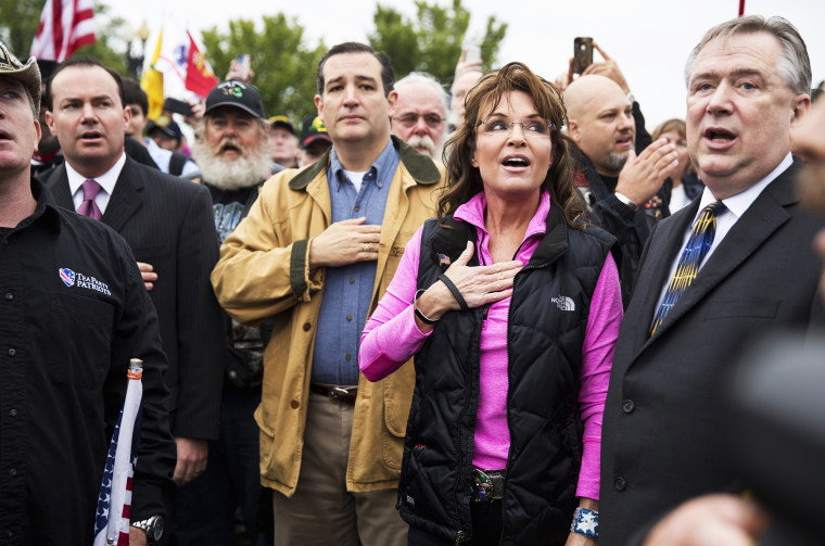 Former Alaska Governor Sarah Palin speaks at the \"Million Vet March on the Memorials\" at the U.S. National World War II Memorial in Washington October 13, 2013.
