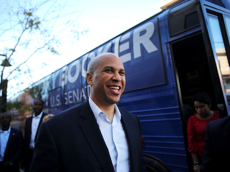 Cory Booker, Newark Mayor and Democratic candidate in tomorrow's U.S. Senate special election in New Jersey, campaigns in downtown Newark on October 15, 2013 in Newark, New Jersey.