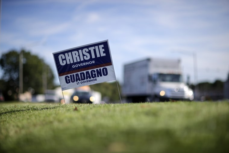 A campaign sign for New Jersey Gov. Chris Christie and Lt. Gov.  Kim Guadagno is seen along a highway in Edison, N.J., Tuesday, Oct. 8, 2013.