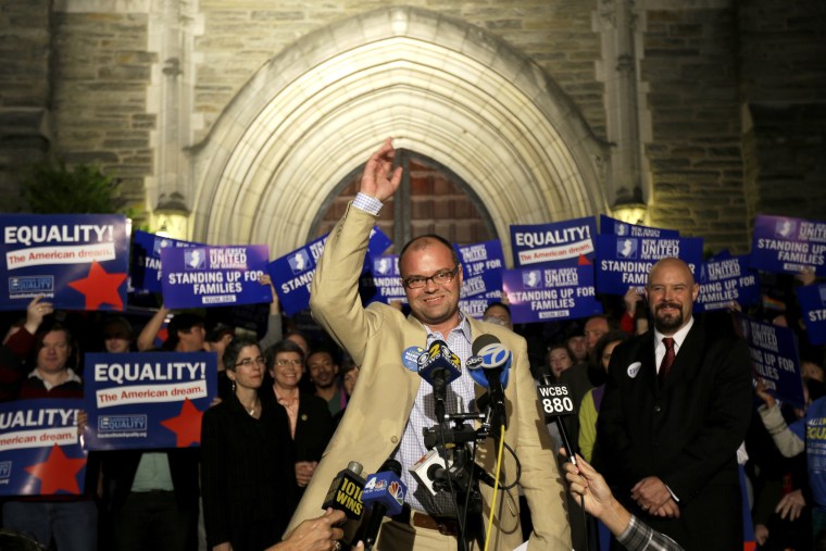 Troy Stevenson, executive director of Garden State Equality, talks during a news conference outside of First Congregational Church in Montclair, N.J., Oct. 21, 2013.