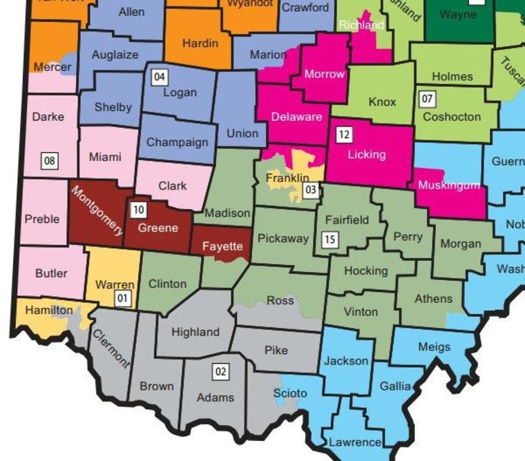 District 8, in pink, is in the southwest corner of Ohio. Cincinnati is in Hamilton County, just south of District 8. Dayton is in Montgomery County, that first burgundy one. Clark County, the closest District 8 has to blue includes Springfield. The...