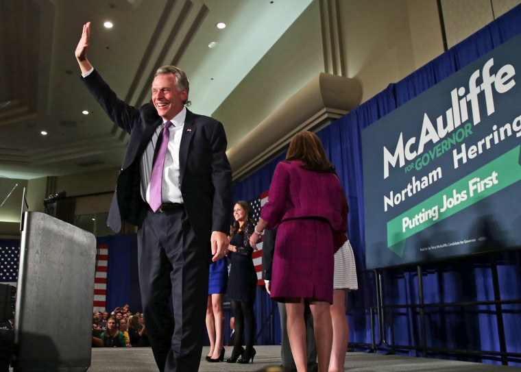 Democrat Terry McAuliffe celebrates winning the Virginia governorship at an election night party, November 5, 2013 in Tysons Corner, Virginia.
