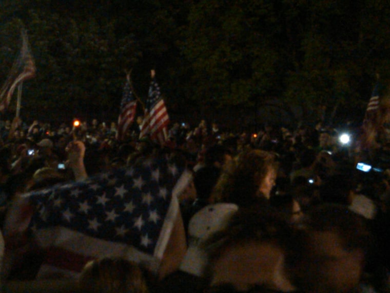 Singing the national anthem on my right -- and na na na na hey hey hey goodbye on my left. Now chanting: \"Yes We Did!\". People climbing lampposts. Beach ball bouncing around the crowd. People and flags in the trees over the White House fence.