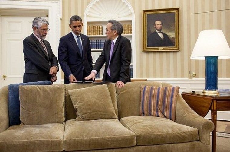 President Barack Obama talks with Dr. John Holdren, Director of the Office of Science and Technology Policy, and Energy Secretary Steven Chu in the Oval Office, May 7, 2012.