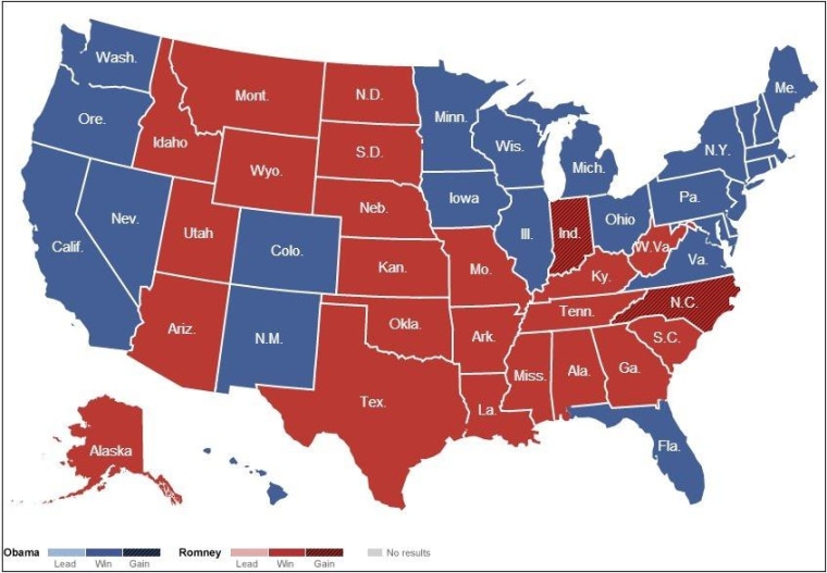 2012 map from the New York Times; striped states indicate gains for that party.