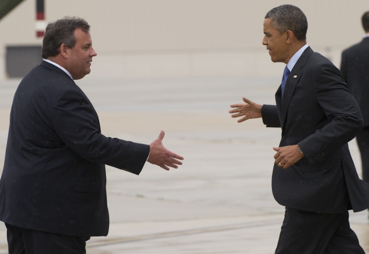 President Barack Obama shakes hands with New Jersey Governor Chris Christie at Joint Base McGuire-Dix in New Jersey on May 28, 2013.
