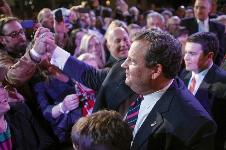 New Jersey Governor Chris Christie greets supporters after his election night victory speech in Asbury Park, New Jersey November 5, 2013.