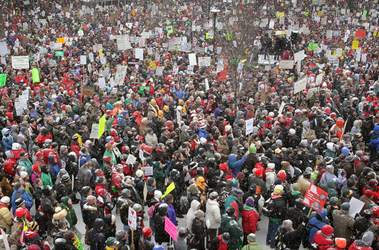 Demonstrators rally outside the capitol building in Madison, Wisconsin on February 26, 2011.