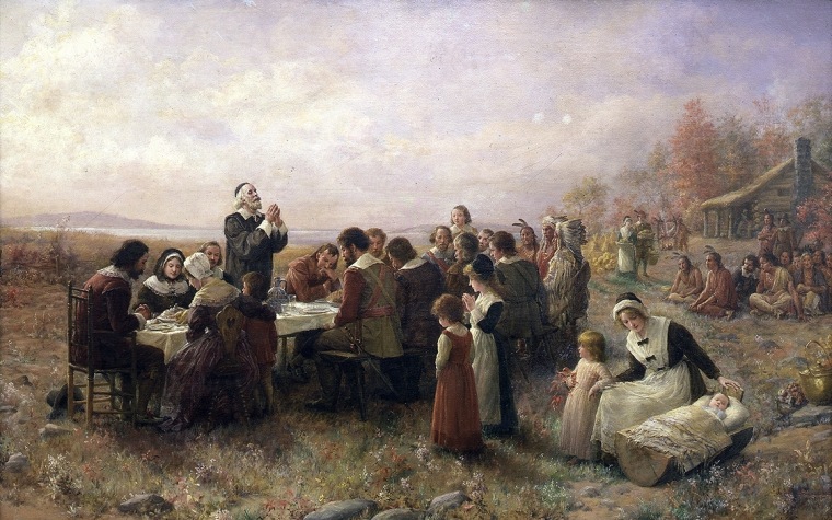 \"The First Thanksgiving at Plymouth\" (1914) By Jennie A. Brownscombe