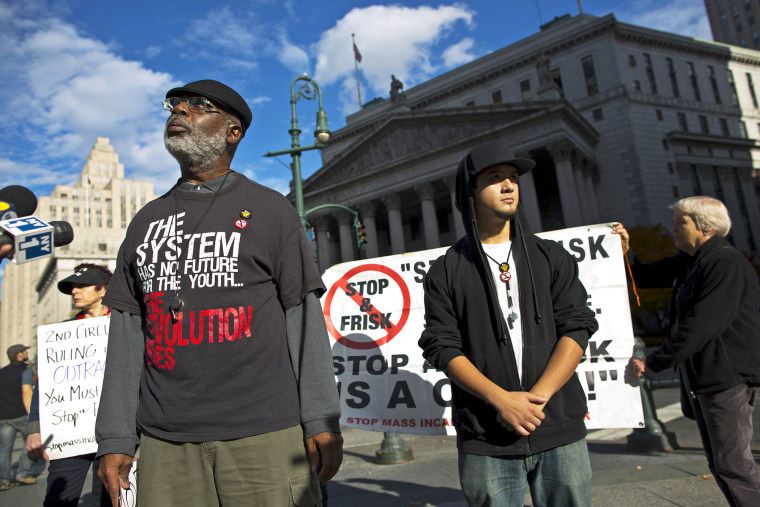 Carl Dix speaks at a news conference against the Stop-and-Frisk program, outside the Federal Court in New York, Nov. 1, 2013.