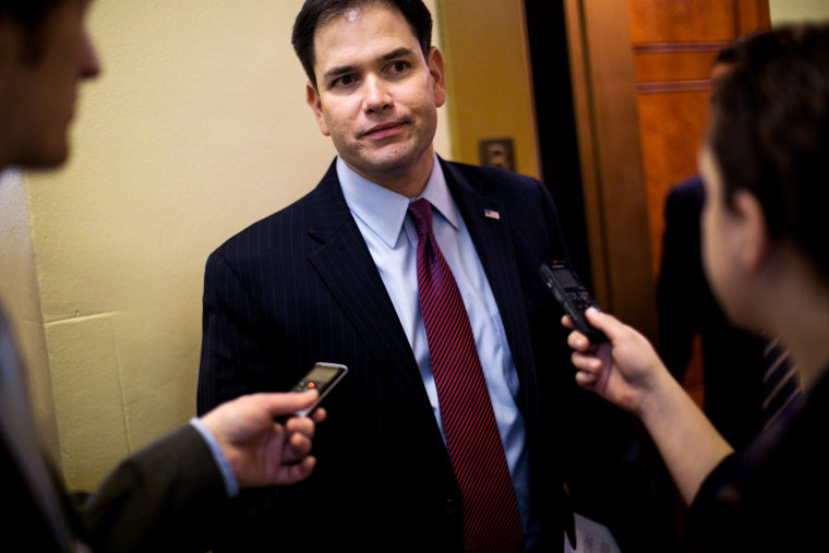 Sen. Marco Rubio (R-FL) talks to reporters on Capitol Hill on March 22, 2013 in Washington, DC.