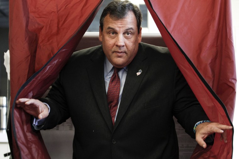 New Jersey Governor Christie exits a polling station after casting his vote during the New Jersey governor election in Mendham Township, New Jersey